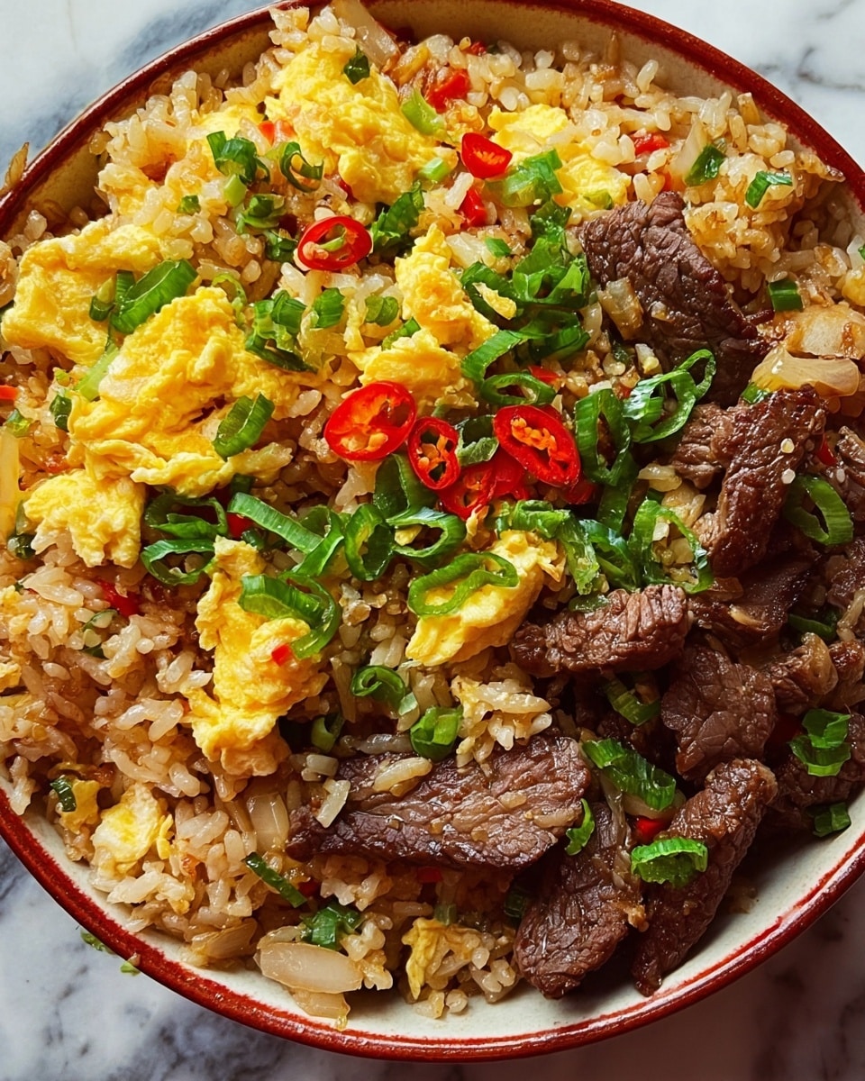 The image shows a black skillet filled with fried rice in three main layers: the base layer is light brown fried rice mixed with small bits of cooked onions and orange carrot pieces, the middle layer has chunks of dark brown cooked beef scattered evenly, and the top layer is garnished with bright yellow scrambled egg pieces and vibrant green chopped scallions, all creating a colorful and textured appearance. Photo taken with an iphone --ar 4:5 --v 7