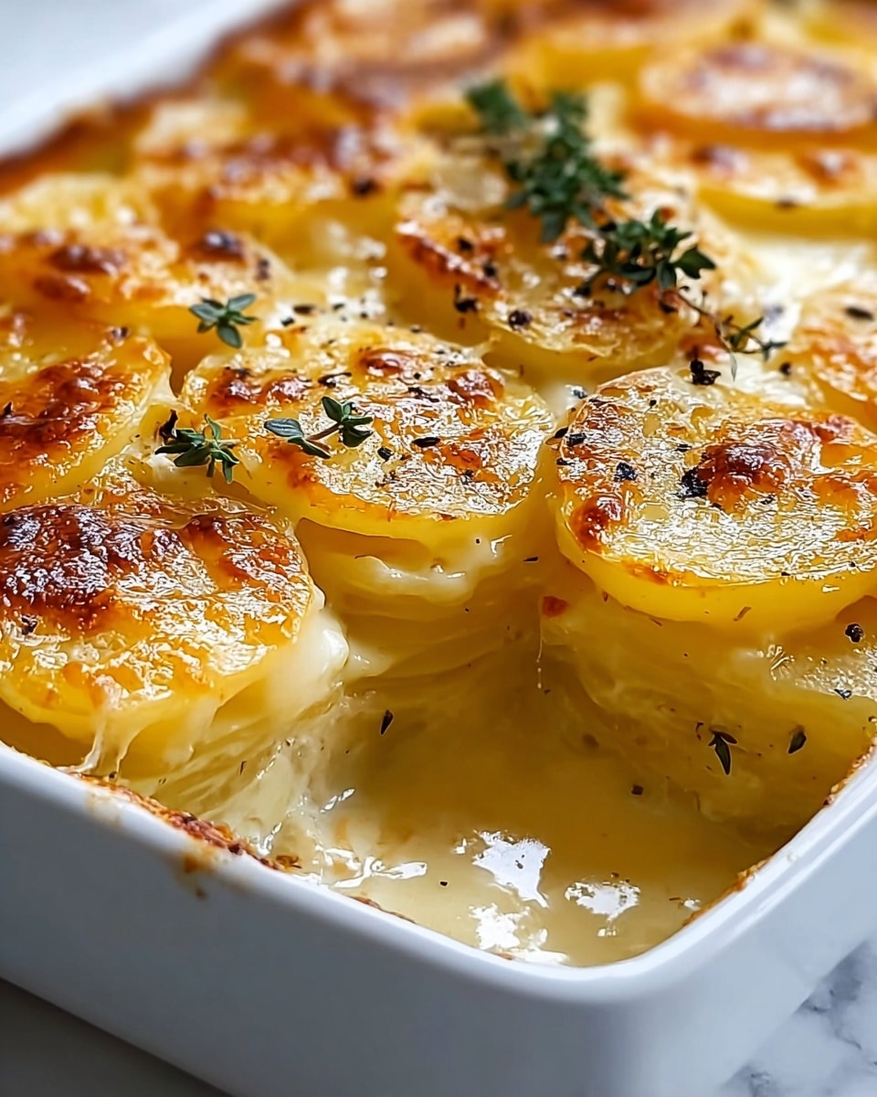 The image shows a close-up view of a hot cheesy potato gratin in a white dish, with a creamy light yellow sauce visible between layers of thinly sliced potatoes. The top layer is golden brown with melted cheese, slightly bubbly and browned in spots, and sprinkled with ground black pepper. A small green sprig of herbs sits on top for garnish. One section has a corner cut out, revealing the soft, tender layers underneath. The dish rests on a white marbled surface. photo taken with an iphone --ar 4:5 --v 7