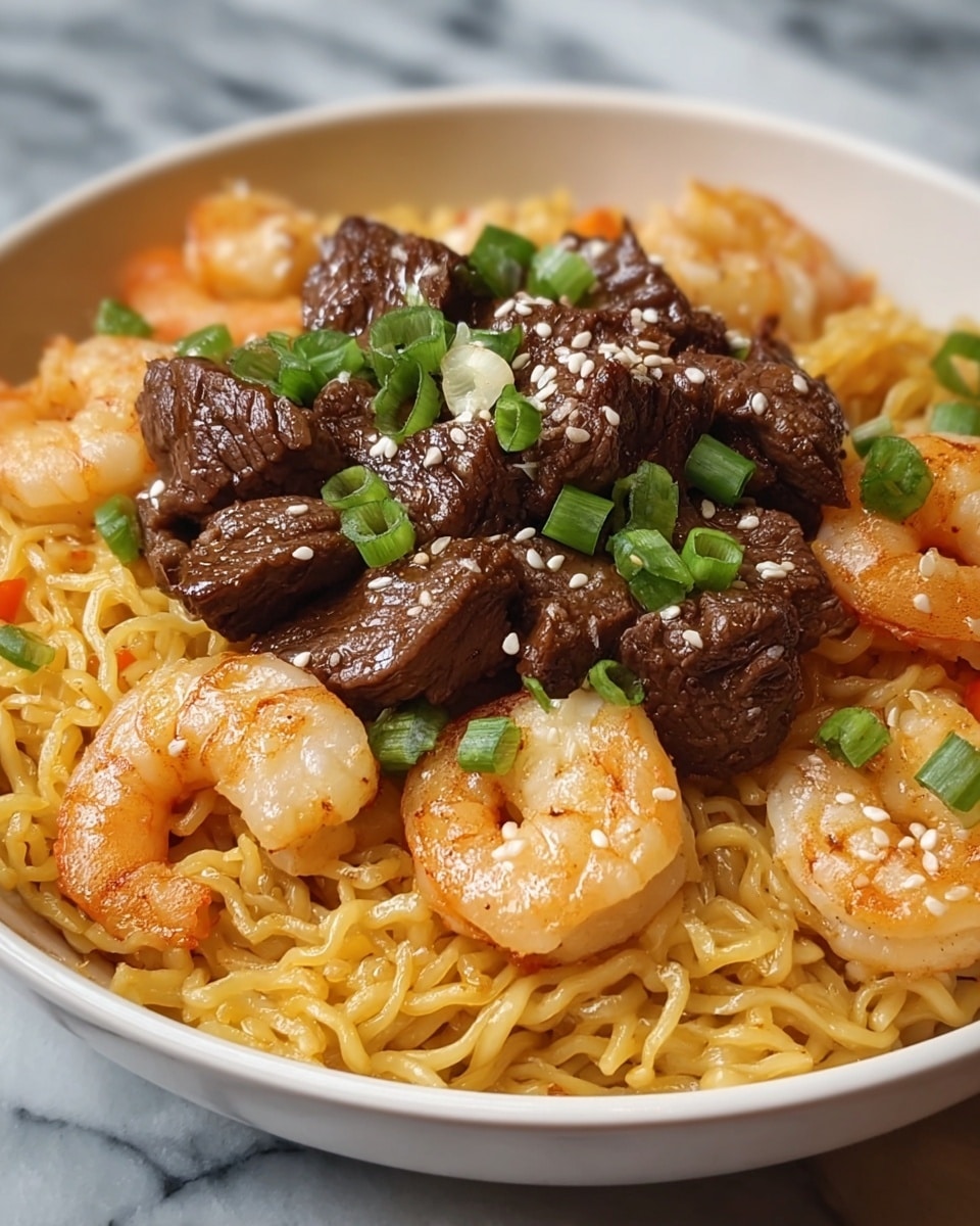 A close-up view of a black bowl filled with a noodle dish showing three main layers: the bottom layer is light yellow spaghetti noodles twisted and slightly shiny; the middle layer consists of medium-brown grilled steak cubes scattered through the noodles; the top layer features pink and white shrimp curled on top with small bright red tomato pieces and bits of green herbs sprinkled across everything, all resting on a white marbled surface. photo taken with an iphone --ar 4:5 --v 7