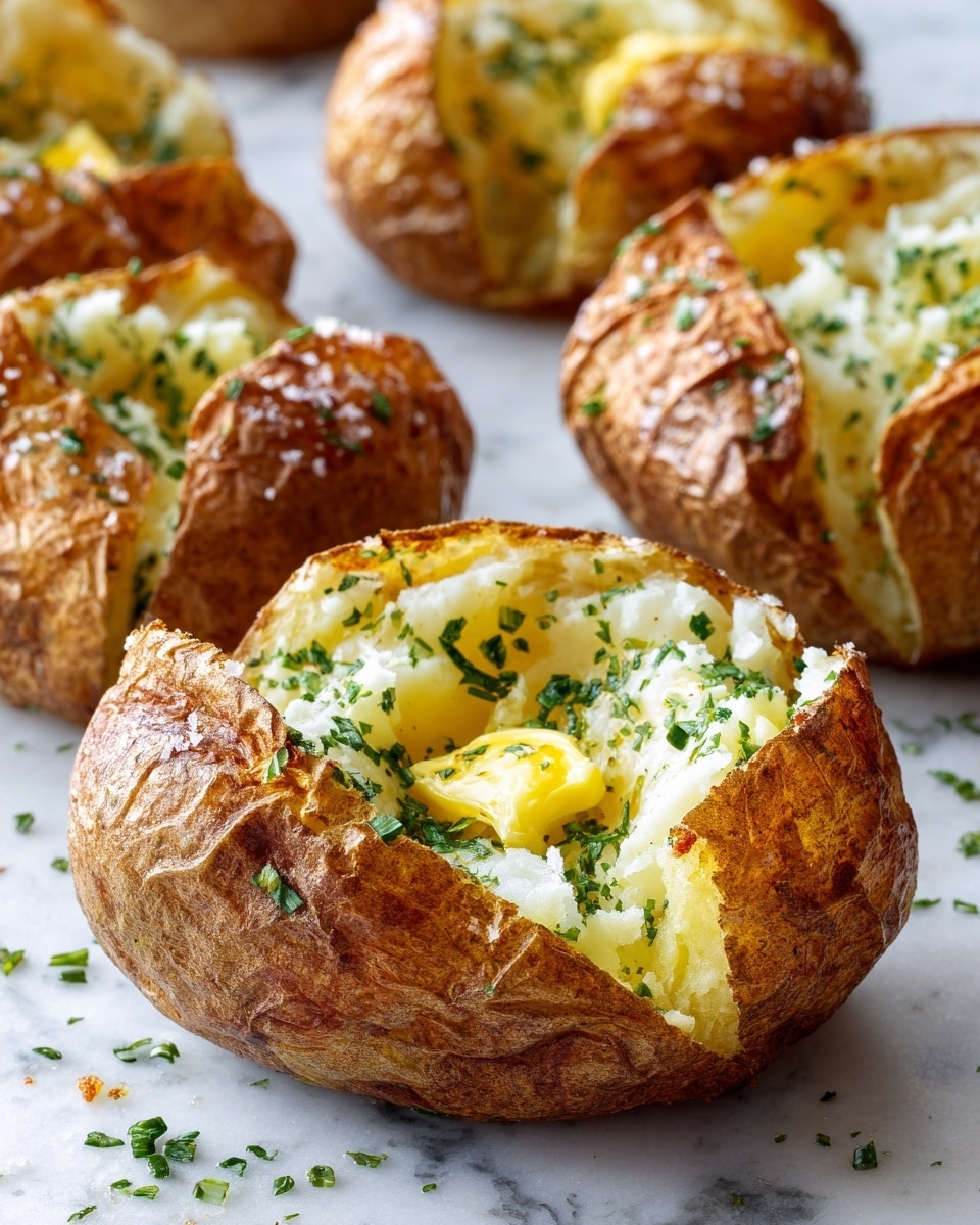 A baked potato with a rough brown skin sprinkled with salt is cut open in the center, showing fluffy white potato inside. Melted orange cheddar cheese is scattered on top of the potato, along with a dollop of white sour cream. Small red and light brown crispy bacon pieces and some green herbs are sprinkled over the sour cream. The potato sits on a white plate with a white marbled background. Photo taken with an iphone --ar 4:5 --v 7