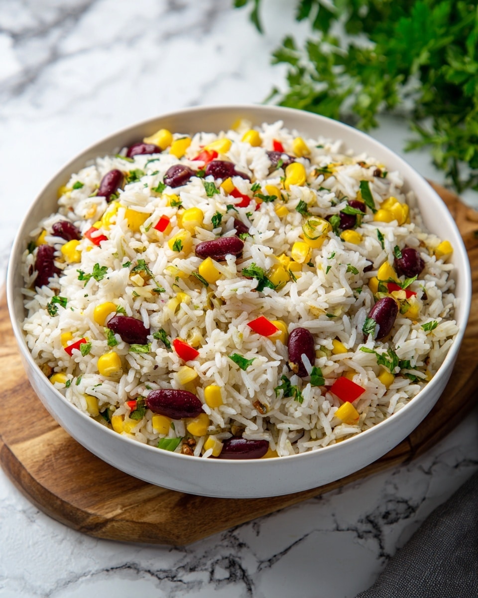 A white bowl filled with a colorful mix of cooked white rice, red kidney beans, black beans, bright yellow corn kernels, and chopped red bell peppers, all mixed evenly with small pieces of fresh green cilantro scattered throughout. The textures include soft rice grains, smooth beans, and crunchy vegetable bits, creating a vibrant and fresh look. The bowl sits on a white marbled surface with a slight shadow around it. Photo taken with an iphone --ar 4:5 --v 7