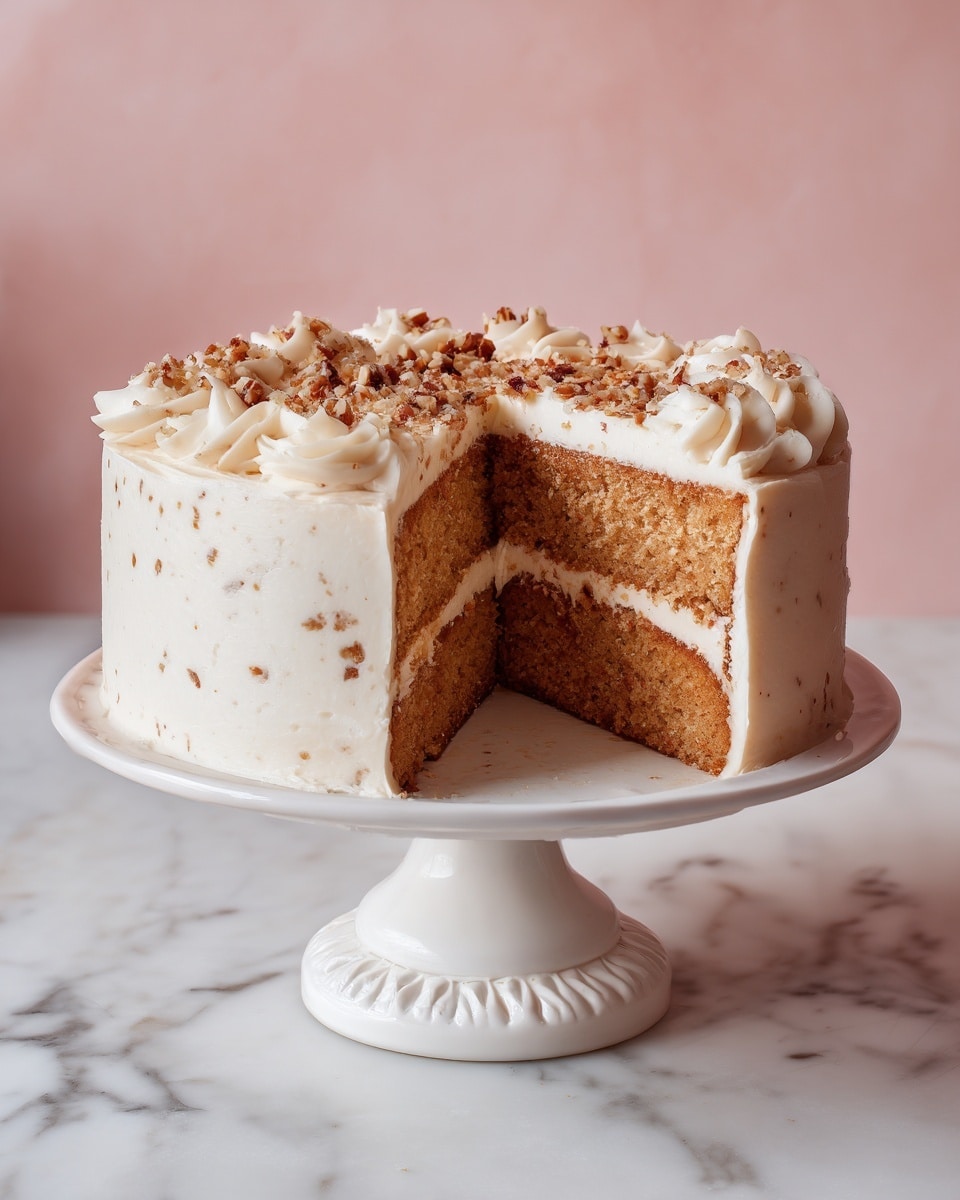 A slice of two-layered cake with light brown, nut-filled sponge layers separated by a thick layer of off-white creamy frosting, also covering the outside of the cake. The slice is placed on a small white plate with a silver fork beside it holding a small piece of the cake. The cake itself sits on a white cake stand, partially visible on the left side. The background is a white marbled surface. The texture of the frosting looks soft and slightly fluffy with some small roughness. photo taken with an iphone --ar 4:5 --v 7