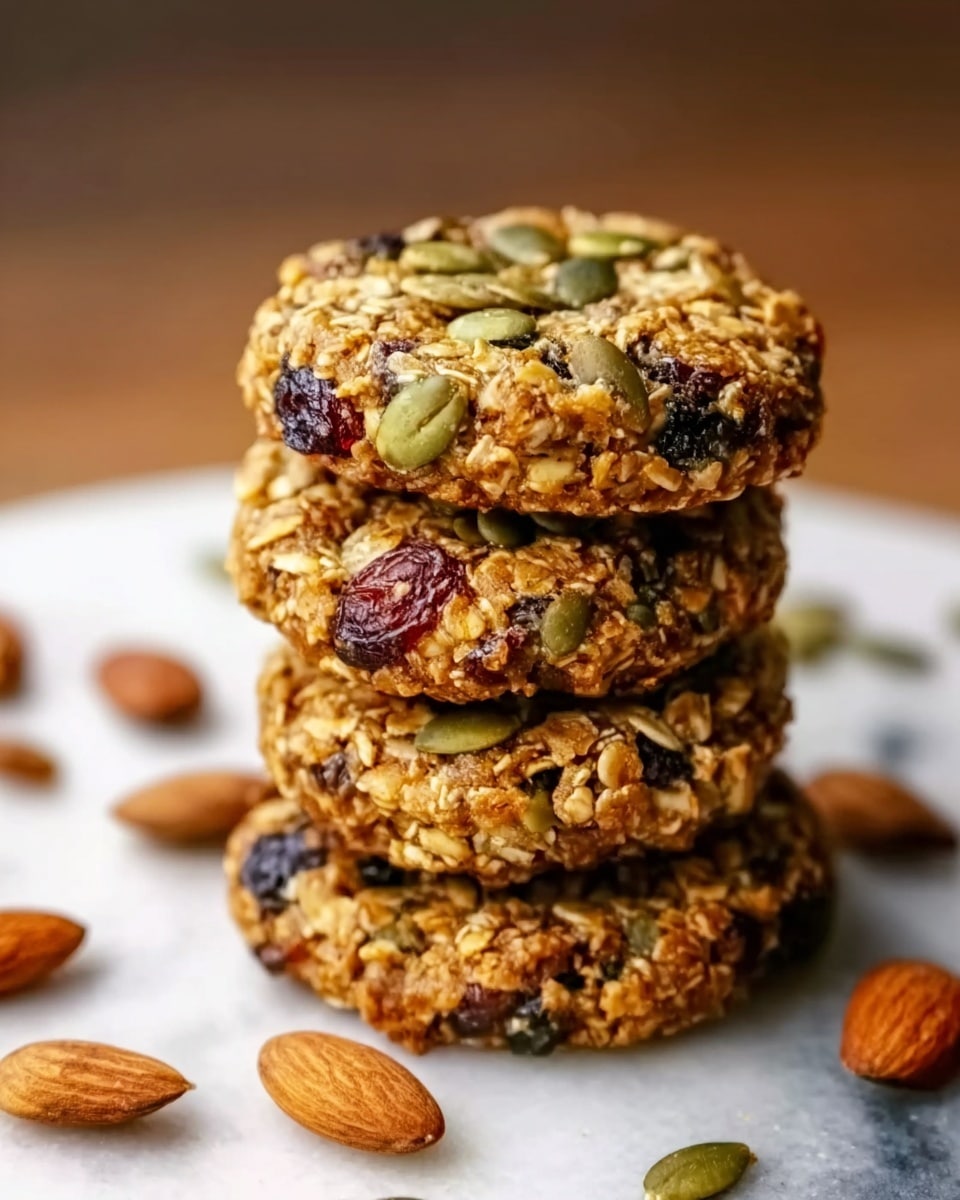 The image shows a close-up of two round granola cookies stacked on a wooden board with a white marbled background. Each cookie has one thick layer filled with a mix of rolled oats, visible whole almonds, peanuts, green pumpkin seeds, and dark red dried cranberries embedded throughout, giving the cookies a textured look with a mix of light brown, tan, green, and deep red colors. The surface of the cookies looks slightly shiny and sticky, highlighting the ingredients. The edges of the cookies show the uneven, chunky texture of the oats and nuts pressed together tightly. photo taken with an iphone --ar 4:5 --v 7