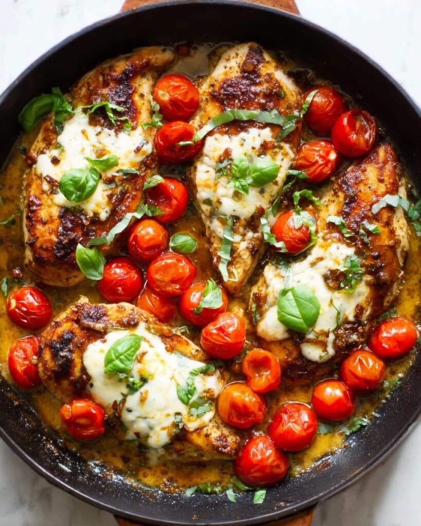 Balsamic Glazed One Pan Chicken with Cherry Tomatoes and Mozzarella Recipe