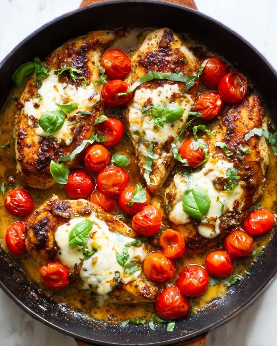 A black skillet filled with three cooked chicken breasts that are golden brown with some visible crisp edges. The chicken is topped with melted white cheese and small fresh green basil leaves. Scattered around and on the chicken are bright red cherry tomatoes, some whole and some slightly roasted. The skillet surface is coated with a light tomato-based sauce, adding a rich reddish-orange color that contrasts with the chicken and cheese. The dish sits on a white marbled surface. photo taken with an iphone --ar 4:5 --v 7