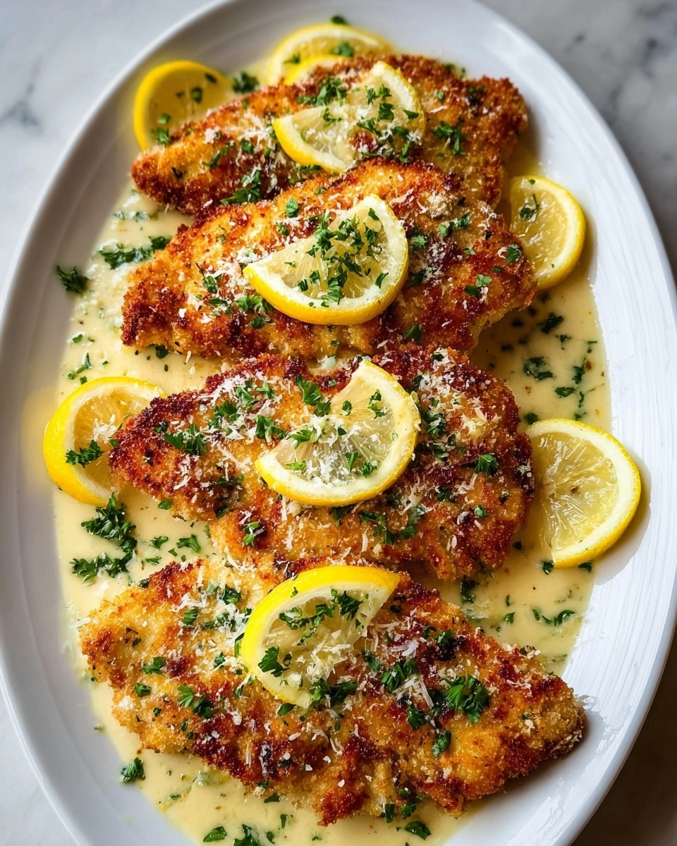 The image shows four pieces of golden brown breaded chicken placed neatly on a white plate. Each piece has a crispy texture with specks of green herbs sprinkled all over. There are thin lemon slices both on top of the chicken and around the base of the plate. A light sauce spreads out under the chicken, adding a creamy off-white color contrast. The chicken is garnished with finely chopped green herbs and a light dusting of grated cheese, giving the dish a fresh and appetizing look. The plate is set on a white marbled surface. photo taken with an iphone --ar 4:5 --v 7