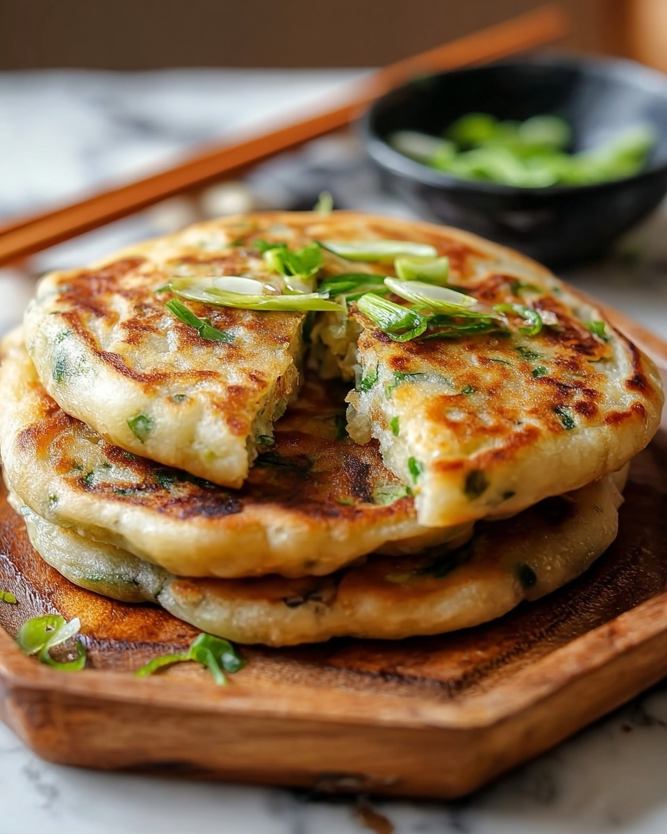 The image shows a stack of five golden-brown pancakes with green onion pieces visible on the surface, placed on a round wooden plate. Each pancake has a textured surface with some crispy, browned spots giving them a cooked look. The pancakes are thick and fluffy with a slightly uneven edge. In the soft-focus background, two small black bowls hold green vegetables and some red chili pieces. The whole setup is on a white marbled surface. photo taken with an iphone --ar 4:5 --v 7