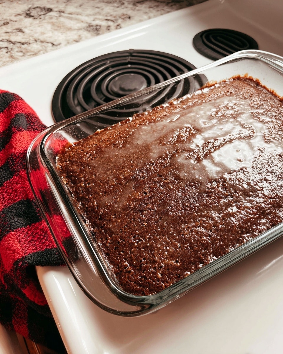 A close-up view of a rectangular glass baking dish filled with a single-layered chocolate cake that is moist and dense. The cake has a rich brown color with a shiny, light beige glaze spread unevenly on the top, giving it a slightly wet texture. The dish sits on a white stovetop with black coil burners, and part of a white marbled texture surface is visible in the corner. A cloth with a red and black checkered pattern is draped over the edge of the oven door. photo taken with an iphone --ar 4:5 --v 7
