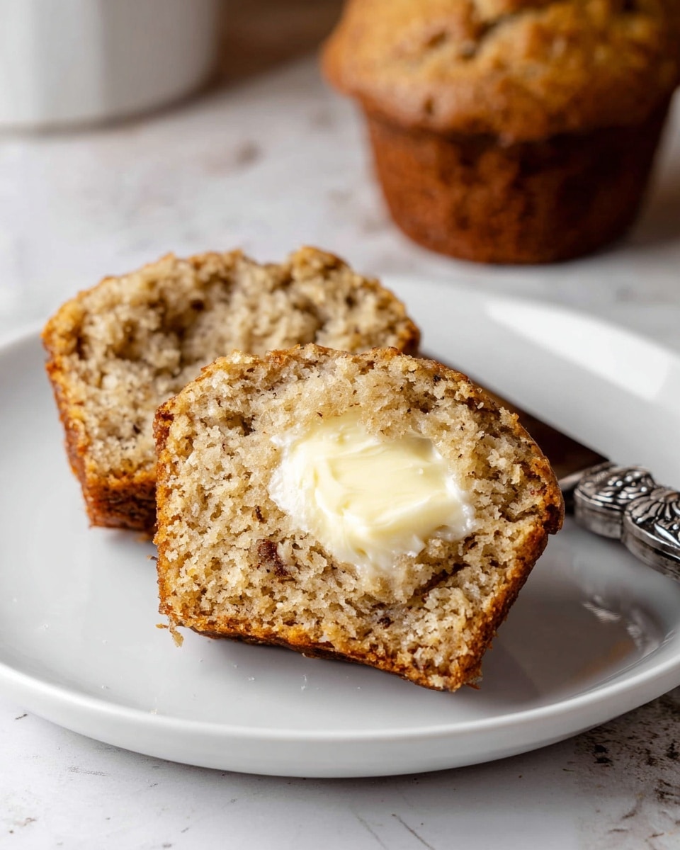 A close-up of a sliced muffin on a white plate with a vintage silver butter knife resting beside it. The muffin has a rough, crumbly outer crust with a light to medium brown color. Inside, the texture is soft and airy with small flecks throughout, showing its moist crumb. The center of the muffin is topped with a small, melting dollop of creamy butter that contrasts with the warm brown tones of the muffin. The plate sits on a white marbled surface with part of another muffin blurred in the background. photo taken with an iphone --ar 4:5 --v 7