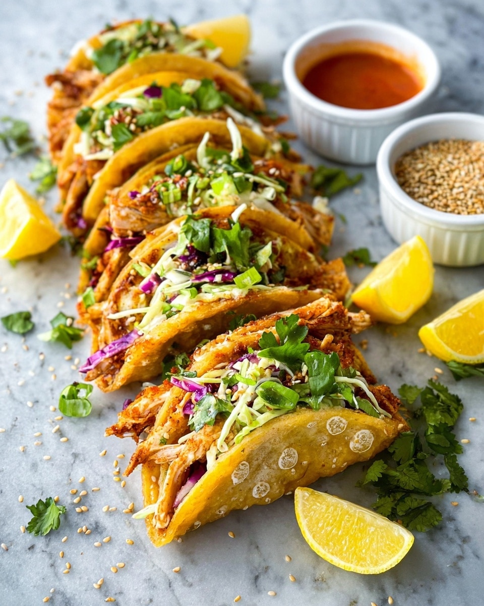 The image shows six small tacos arranged in a line on a white marbled surface, each with a crispy, light golden shell. The taco layers include a bottom layer of golden-brown cooked chicken pieces, topped with a colorful mix of finely shredded green, purple, and orange cabbage and carrots, garnished with fresh green cilantro leaves and sprinkled black and white sesame seeds. To the side, there are small white bowls filled with a red sauce and a black and white sesame seed mixture, along with a few yellow lemon wedges placed around the tacos. photo taken with an iphone --ar 4:5 --v 7