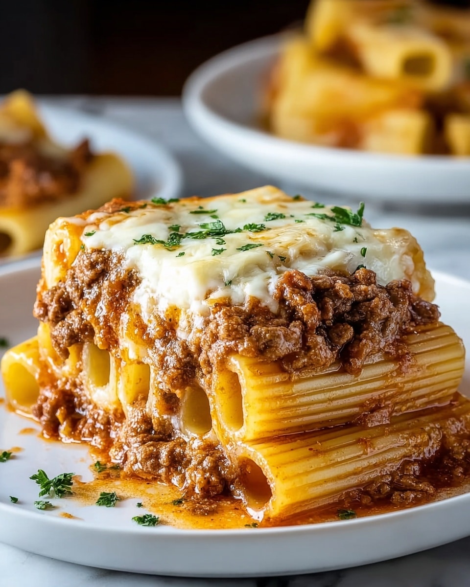 The dish shows stacked rigatoni pasta tubes filled with rich, chunky brown minced meat sauce, layered in three rows on a white plate. On top, there is a smooth, melted white cheese layer with a slight golden brown from baking and some small green parsley sprinkles adding color. The pasta tubes have visible ridges and a soft yellow color, coated lightly with a glossy reddish-brown meat sauce that spills slightly onto the plate. In the blurred background, more pasta pieces are visible on another white plate, all set against a white marbled surface. Photo taken with an iphone --ar 4:5 --v 7