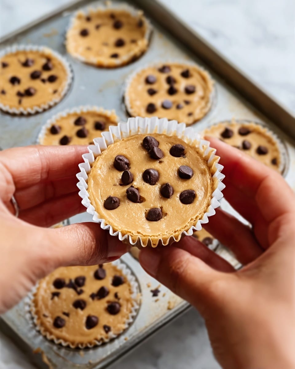 The image shows several small tart shells filled with smooth, light brown chocolate batter, each topped with scattered dark chocolate chips. A pair of woman's hands is gently stretching the edge of one tart shell, held in the center of the image. The tarts are arranged closely in a metal baking tray over a white marbled surface. In the bottom right, a round empty tart shell mold is visible. The scene focuses on the texture of the batter and the shiny chocolate chips on top. Photo taken with an iphone --ar 4:5 --v 7