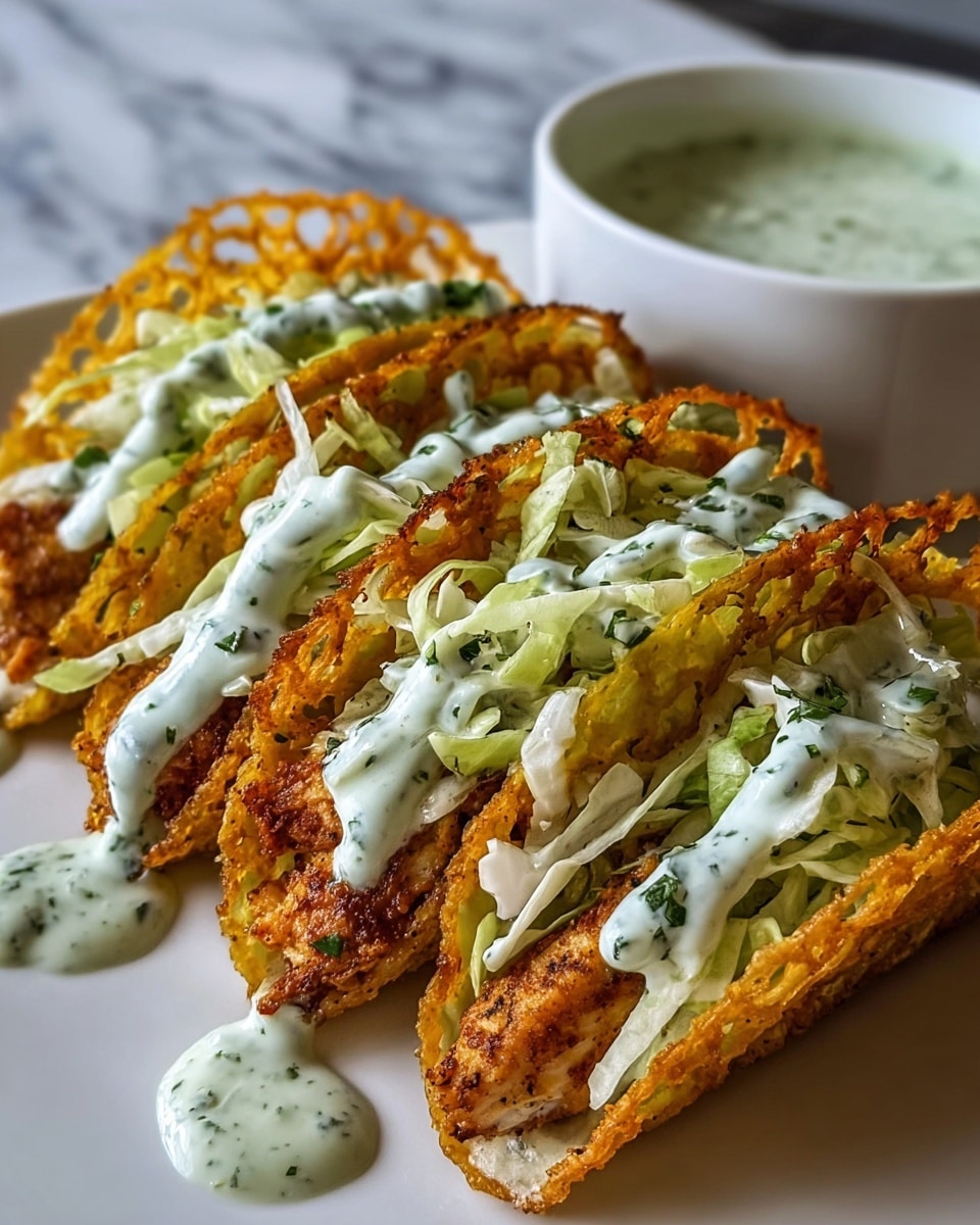 Two tacos are placed side by side on a white plate with a white marbled texture under it. Each taco has a crispy, golden-yellow shell with a slightly charred edge. Inside the shells, there is a layer of grilled, browned chicken pieces topped with shredded light green cabbage. Over the cabbage, a drizzle of creamy white sauce speckled with green herbs covers the tacos. A yellow lemon wedge sits behind the tacos near a small white bowl filled with a green herb sauce. The image is close-up, showing the textures and colors vividly. photo taken with an iphone --ar 4:5 --v 7