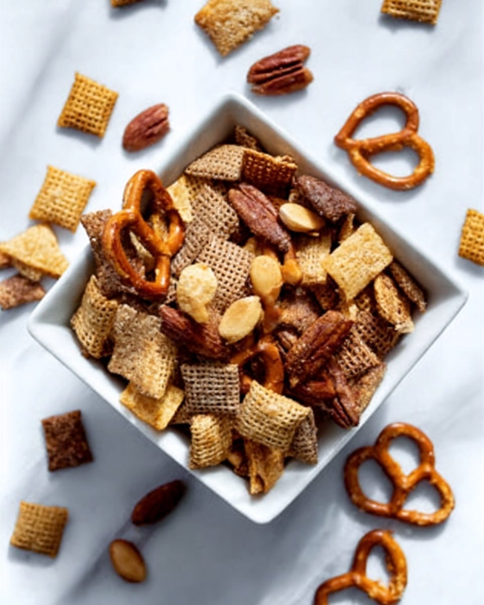 The image shows a white square bowl filled with a mix of snack pieces. Inside the bowl, there are several layers of snacks: light brown square cereal pieces with a rough texture, brown pretzel shapes with visible salt grains, round slices of brown nuts, and longer, flat rectangular pieces. There are some almonds and pecans mixed in, adding darker brown colors and rough textures. Around the bowl on a white marbled surface, a few snack pieces are scattered. The lighting highlights the natural colors and textures of the snack mix. Photo taken with an iphone --ar 4:5 --v 7