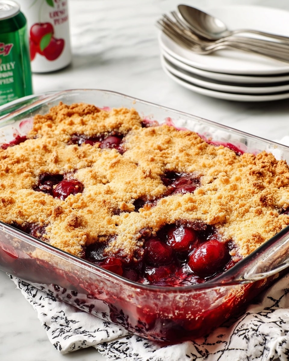 A clear glass bowl filled with a warm cherry cobbler that has chunky golden crust pieces scattered through deep red, glossy cherry filling. On top lies a perfectly rounded scoop of creamy vanilla ice cream that is slowly melting, with soft white puddles pooling at the bottom. A silver spoon rests on the edge of the bowl. The background shows a white marbled surface with a blurred 7-Up can on the left and a cherry pie filling can in the middle, adding a homely feel. photo taken with an iphone --ar 4:5 --v 7