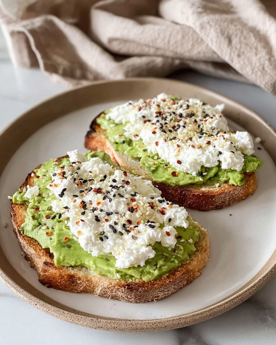 Two slices of toasted bread sit on a white plate, each topped with a thick, bright green layer of mashed avocado. On top of the avocado layer, there is a thick, uneven spread of white cottage cheese, sprinkled with a mix of black sesame seeds and red chili flakes, giving a speckled texture. The bread looks crisp around the edges with a soft inside. The plate is placed on a white marbled surface with a beige soft cloth in the background. Photo taken with an iphone --ar 4:5 --v 7