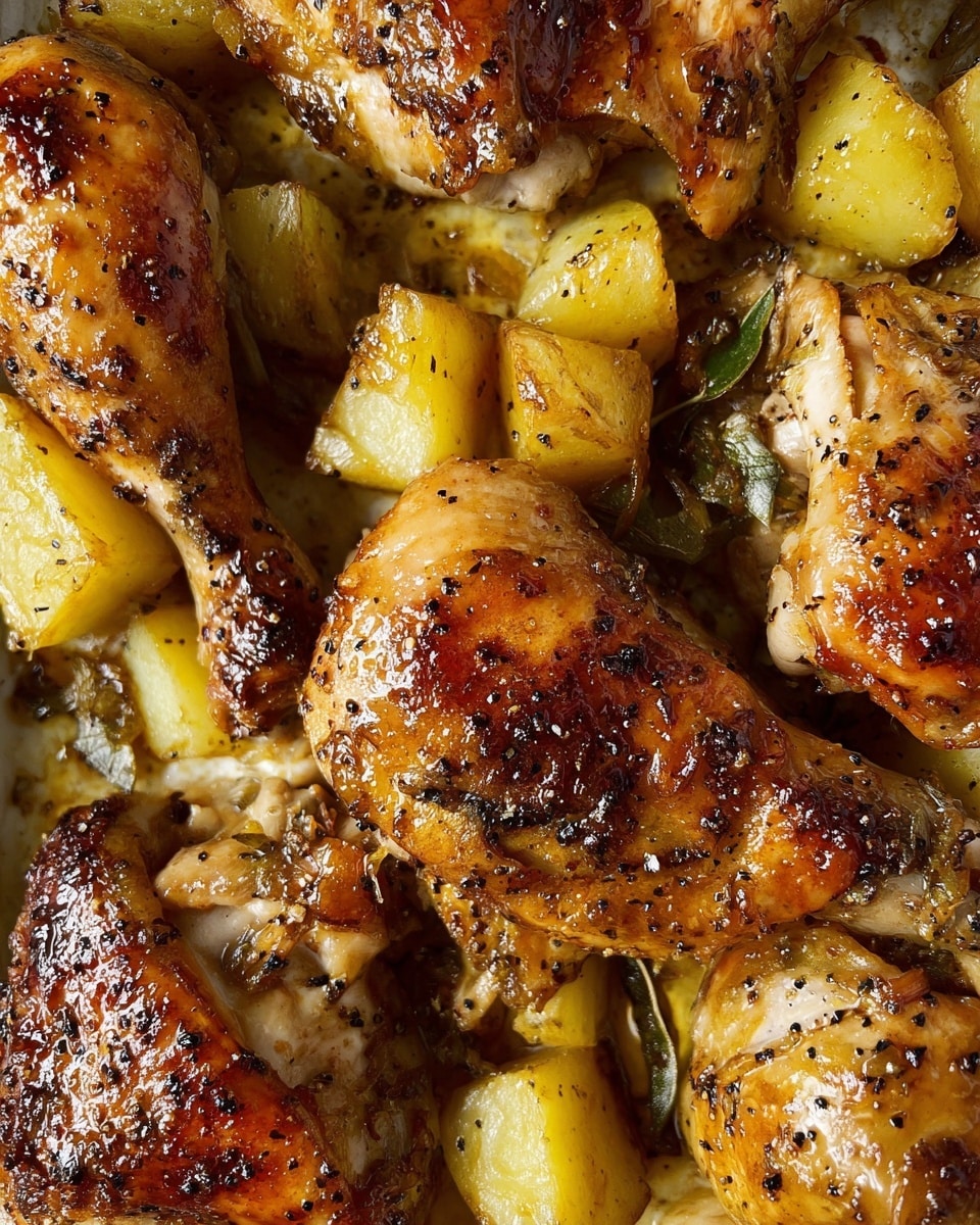 The image shows a close-up of roasted chicken pieces with golden brown, crispy skin, covered in a shiny glaze with visible black pepper and herbs. The chicken parts are juicy, with some drumsticks and thighs clearly visible. Underneath and around the chicken, there are chunky, light yellow roasted potato pieces with a soft texture. The whole dish is presented on a white marbled surface, highlighting the rich colors and textures of the roasted chicken and potatoes. photo taken with an iphone --ar 4:5 --v 7