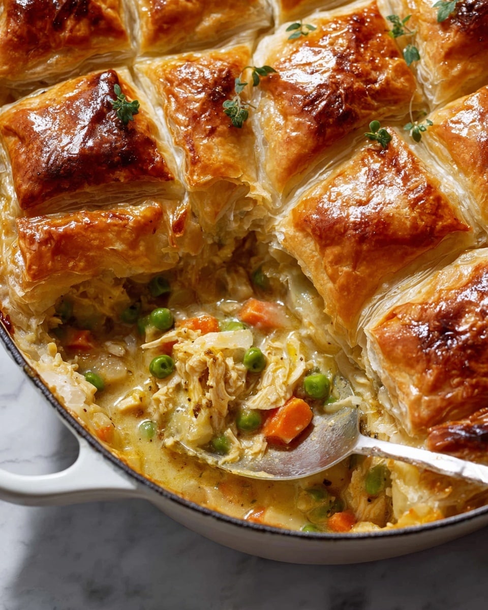 A close-up view of a baked chicken pot pie in a white cast iron dish, showing two main layers. The top layer is a golden-brown, flaky puff pastry crust cut into large square sections, with a few small green herb leaves scattered on it. The bottom layer is a creamy mixture filled with visible green peas, chopped orange carrots, celery pieces, and shredded chicken, all lightly coated in a thick yellow sauce. A silver spoon scoops out some filling from the dish, revealing the close textures of the vegetables and chicken beneath the crisp crust, all placed on a white marbled surface. Photo taken with an iphone --ar 4:5 --v 7