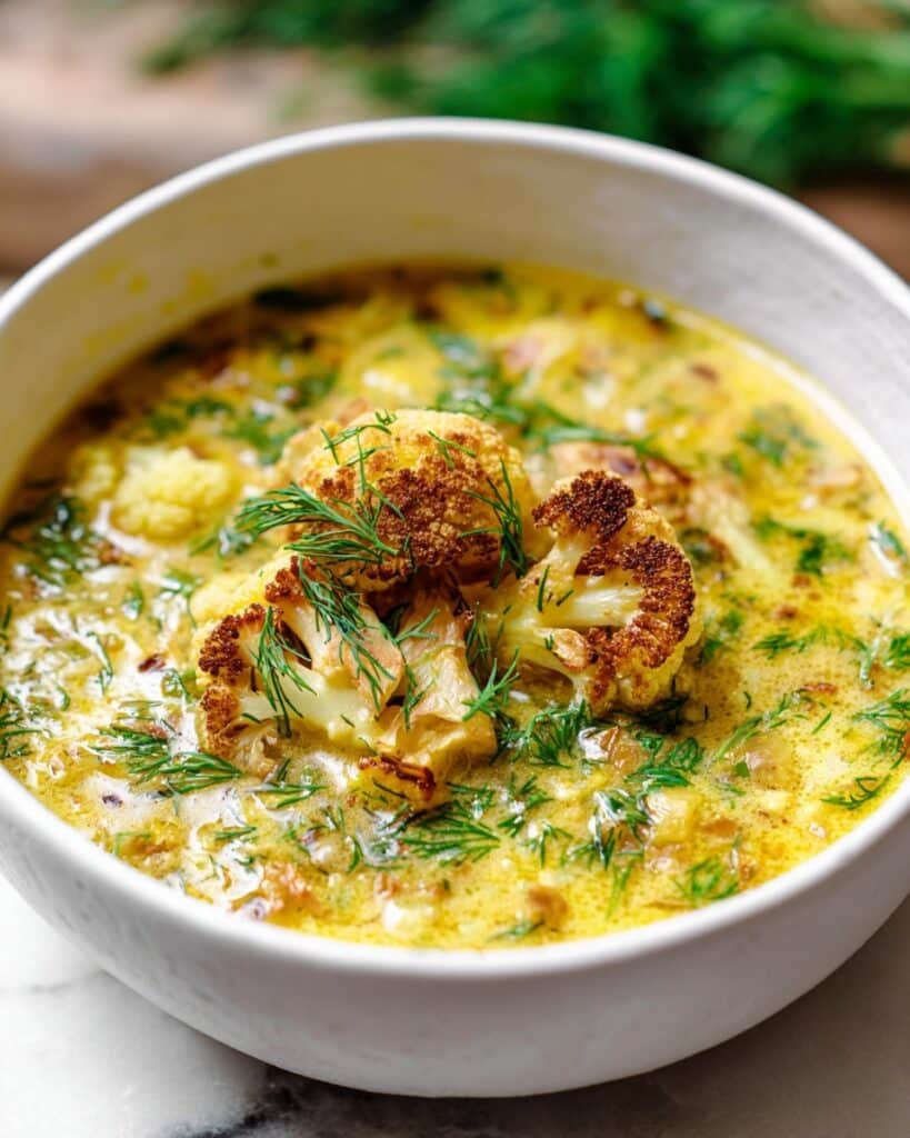 Roasted Cauliflower Soup with Spiced Broth and Fresh Dill Recipe