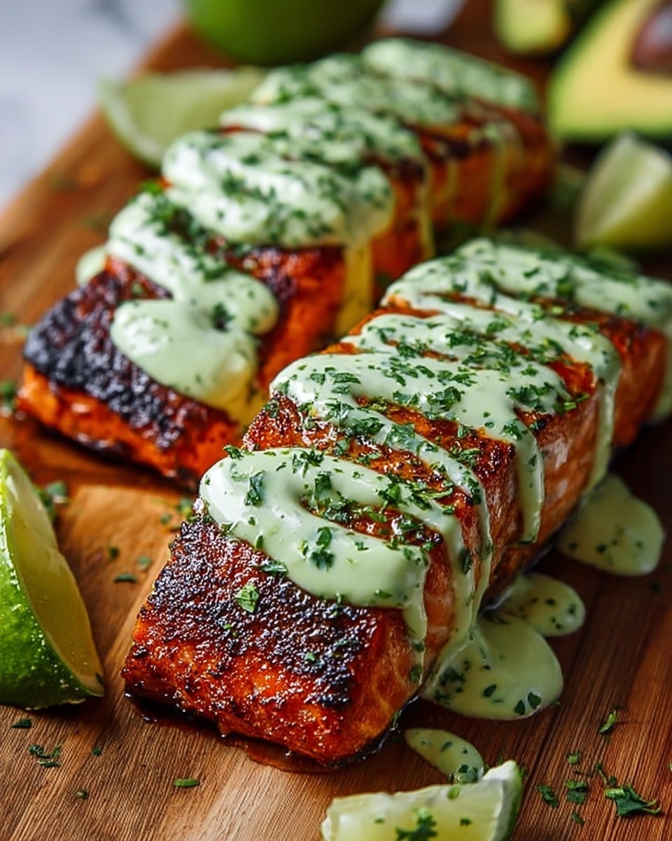 Two thick pieces of grilled salmon are placed side by side on a wooden board over a white marbled texture. Each salmon piece is dark orange with a charred crust that shows a crispy blackened texture on top and sides. A smooth, light green sauce with dark green herb flecks is generously drizzled over the top of each salmon, flowing slightly down the sides. Fresh chopped herbs are sprinkled over the sauce and around the board. To the right of the salmon, there are two lime halves with a bright green rind and a juicy, pale green interior. In the blurred background, a halved avocado with green flesh and a brown seed is partially visible. Photo taken with an iphone --ar 4:5 --v 7