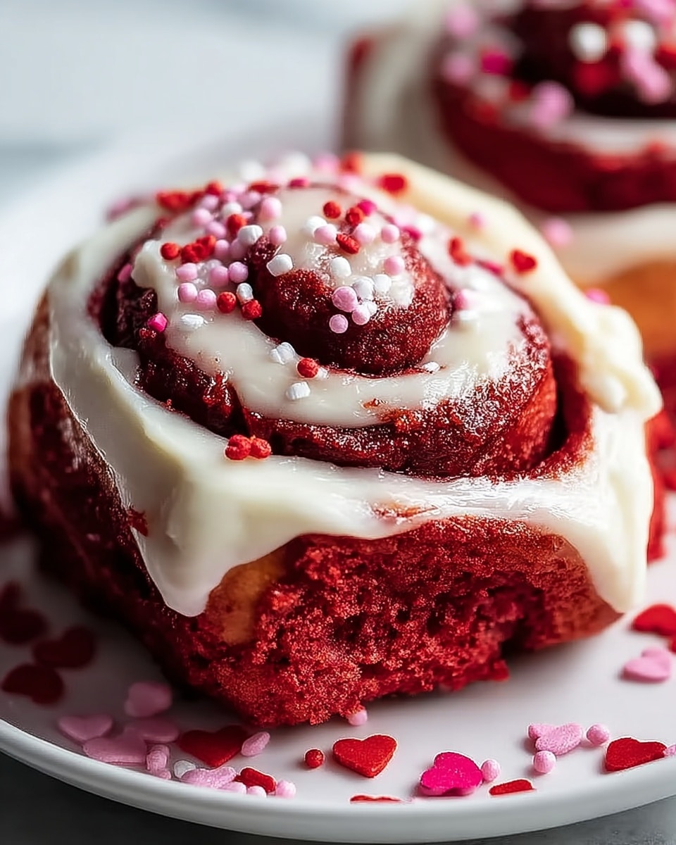 There are six cinnamon rolls placed closely together on a wooden board, each roll showing soft, fluffy layers of white dough spiraled with bright red cinnamon sugar inside. On top of each roll, there is a swirl of smooth white cream cheese frosting decorated with small red heart-shaped sprinkles and tiny white sugar pieces, some frosting slightly melting into the roll. The wooden board has scattered bits of powdered sugar and red sprinkles around the rolls. The whole scene is set against a white marbled background. photo taken with an iphone --ar 4:5 --v 7