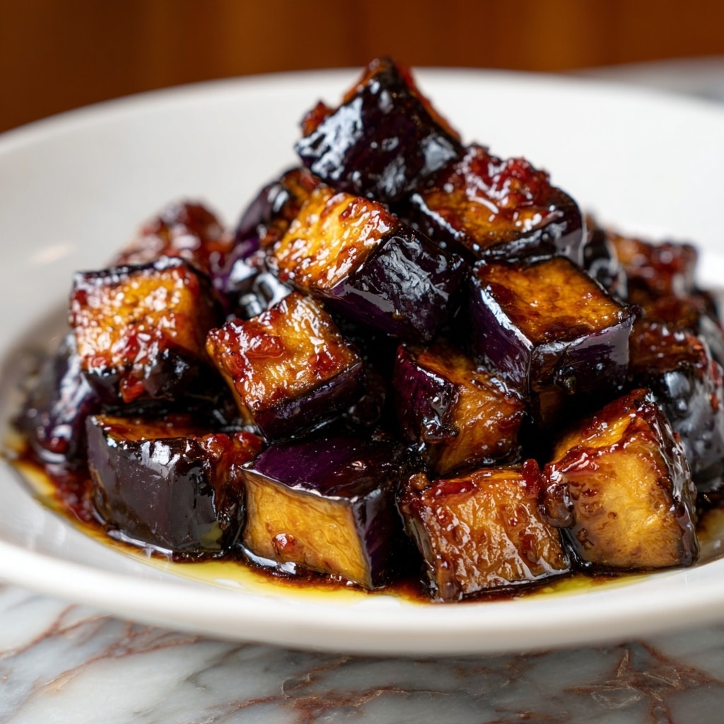 A white bowl filled with about two layers of glazed, cubed eggplants. Each cube shows a dark brown to golden color with a shiny, sticky glaze covering the surface. Some pieces have a slight charred texture on the edges, giving a caramelized look. The dark sauce pools gently at the bottom of the bowl. The background is a white marbled texture. photo taken with an iphone --ar 4:5 --v 7