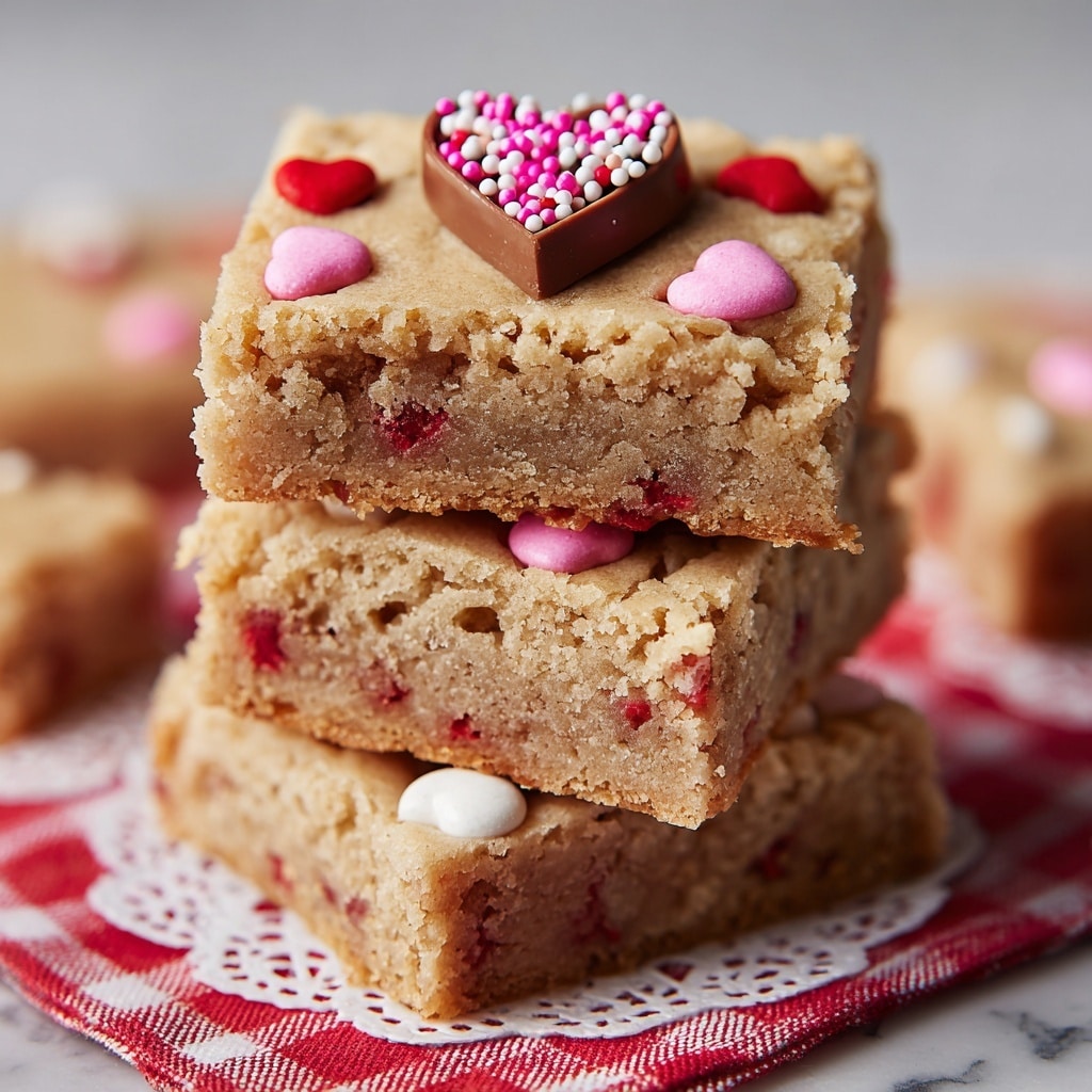 A stack of four square blondie bars sits on a white doily over parchment paper on a red and white checkered cloth, placed on a white marbled surface. Each blondie has a light golden color with visible red and pink candy pieces baked inside, adding bright spots throughout the layers. The top blondie is decorated with pink, red, and white candy-coated chocolates embedded on the edges and a heart-shaped milk chocolate piece in the center, topped with tiny red, pink, and white round sprinkles. The background shows a blurred white bowl filled with pink, red, and white candies, and a white plate with more blondie squares. Photo taken with an iphone --ar 4:5 --v 7