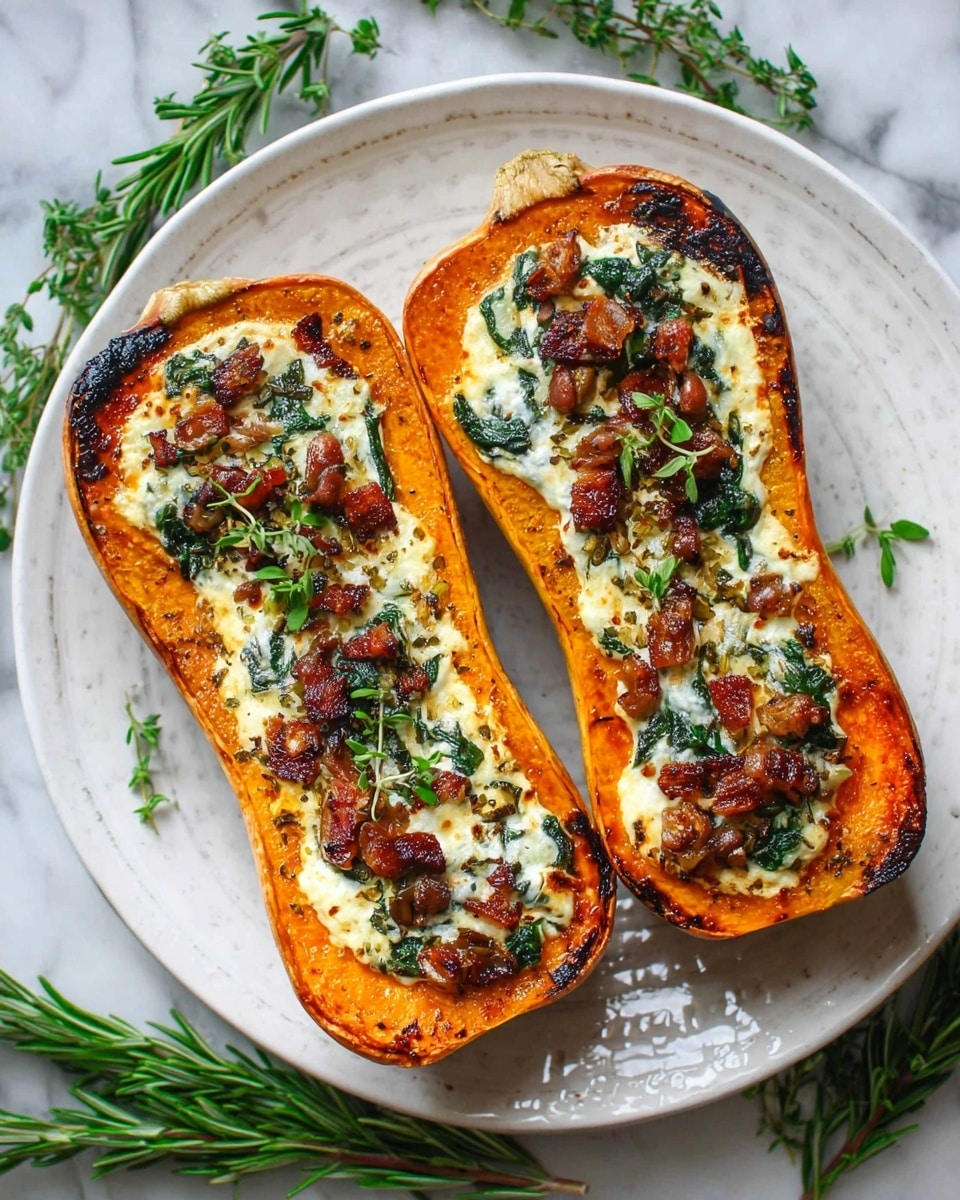 Two halves of roasted butternut squash are placed side by side on a white plate with a carved edge design. Each half is filled with a topping of melted cheese mixed with green herbs and dark browned pieces, creating a mix of creamy white, green, and deep brown colors in the center. The orange flesh of the squash around the filling is roasted to a rich, slightly charred texture on the edges. Small green herb leaves are scattered over the squash and plate. Sprigs of fresh green rosemary are placed around the plate on the white marbled surface beneath. photo taken with an iphone --ar 4:5 --v 7