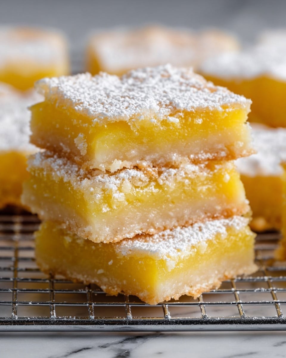 A close-up shows three square lemon bars stacked on a white marbled surface. Each lemon bar has two layers: a thick, pale yellow bottom layer with a dense texture and a thinner, glossy golden yellow top layer that looks soft and slightly shiny. The top of the bars is dusted generously with white powdered sugar, giving a light contrast to the yellow. The edges are slightly crumbly, and the bars rest on a metal cooling rack with a grid pattern. The background is dark, making the lemon bars stand out clearly. photo taken with an iphone --ar 4:5 --v 7
