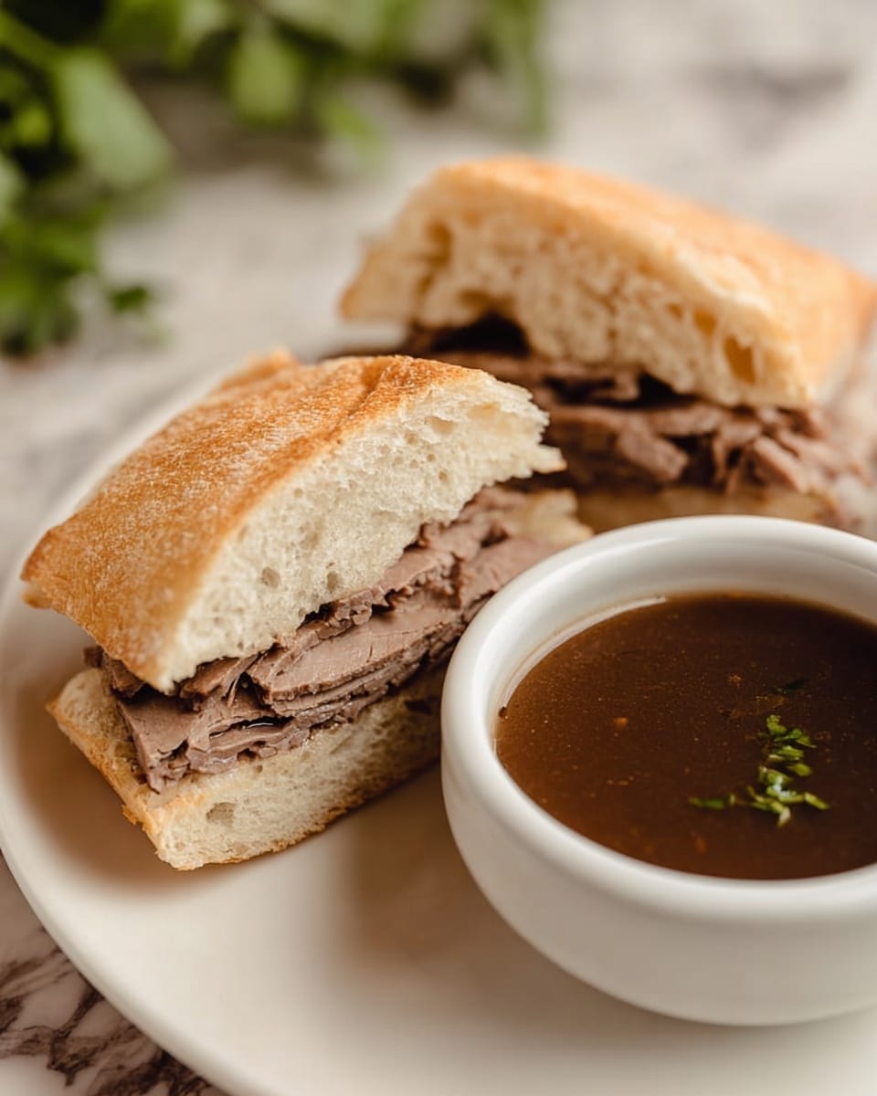 A sandwich cut in half is shown on a white plate, each half with a soft golden bread roll as the outer layer, slightly fluffy and crusty. Inside, thin slices of cooked brown roast beef are folded and layered, adding a textured middle layer. Behind the sandwich halves, there is a white bowl filled with dark brown, smooth dipping sauce, placed on a white marbled surface. A small green garnish is placed on the plate in front of the sandwich. In the blurred background, another sandwich is visible alongside a blue and white checkered cloth. photo taken with an iphone --ar 4:5 --v 7