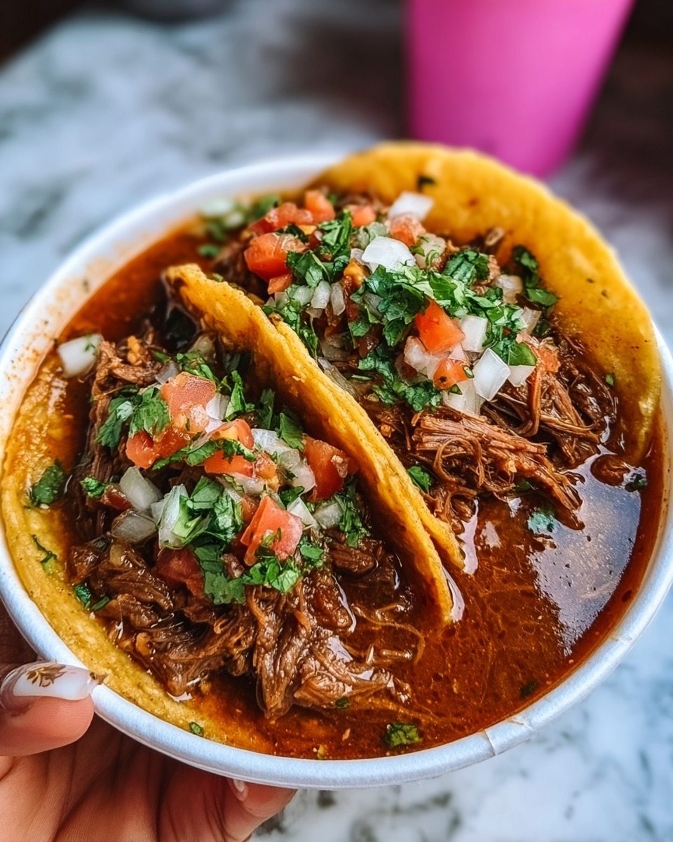 A white bowl holds two yellow corn tortillas standing upright, each filled generously with tender, shredded brown beef soaked in a rich, reddish-brown broth that fills the bowl's base, creating a soupy layer. The beef is topped with a fresh mix of small, white onion cubes, red tomato pieces, and green cilantro leaves, adding a splash of color and texture on top. The bowl is held by a woman's hand, resting against a white marbled texture background. In the blurry background, a pink cup is visible. photo taken with an iphone --ar 4:5 --v 7