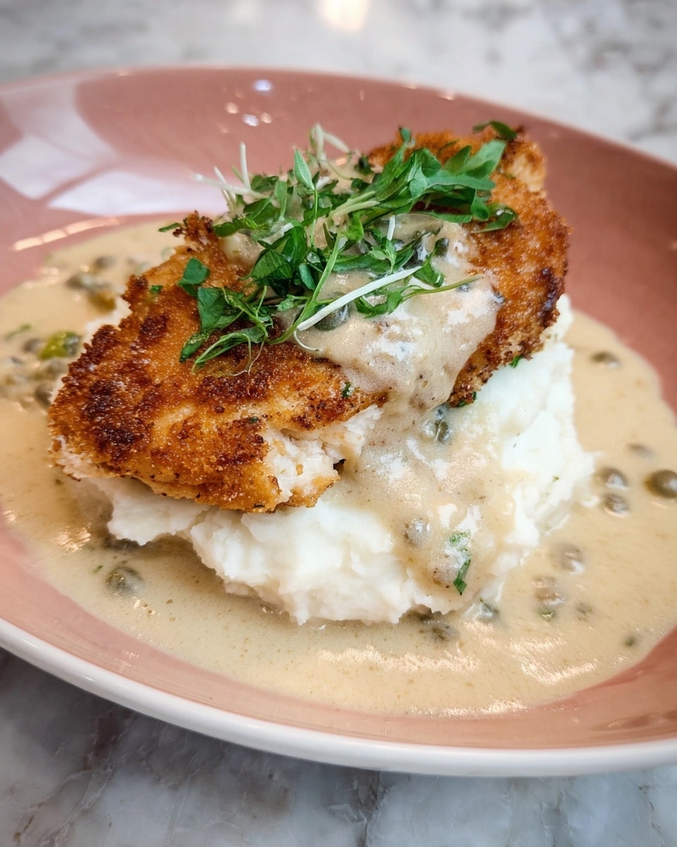 The dish displays a crispy, browned breaded chicken breast on top, sprinkled with fresh green herbs. Beneath the chicken, there is a thick, creamy light beige sauce with visible herbs, pooling around and slightly over mashed potatoes. The mashed potatoes form a smooth white base with soft, rich texture, covering most of the plate's surface. The plate is white and the background features a white marbled texture. photo taken with an iphone --ar 4:5 --v 7