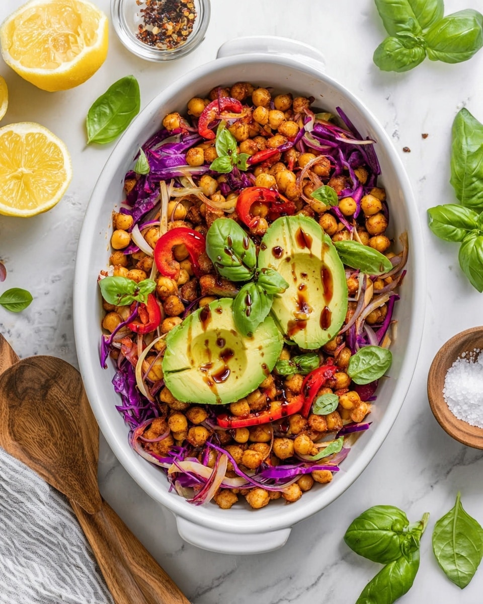 The image shows a white oval dish filled with a colorful chickpea salad. The bottom layer is made of cooked chickpeas mixed with sautéed onions and red bell pepper slices, creating a mix of beige, reddish-orange, and translucent light brown colors. Scattered throughout are shredded purple cabbage pieces, adding bright purple and white textures. On top, there are two halves of avocado with a smooth light green inside, drizzled with a dark brown sauce. Fresh green basil leaves are placed on the salad for garnish. The dish is set on a white marbled surface, surrounded by fresh basil leaves, a halved avocado, lemon wedges, a small bowl of salt with a basil leaf, and a wooden salad spoon. Photo taken with an iphone --ar 4:5 --v 7