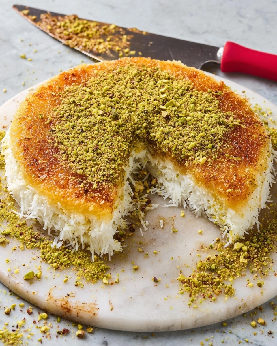 A slice of kunafa sits on a white plate with a white marbled surface underneath. The kunafa has three layers: a base of soft, pale white shredded pastry, a middle layer of creamy white cheese, and a top layer of golden-orange shredded pastry that looks crispy. Crushed green pistachios cover part of the top layer, adding texture and color contrast. In the background, the remaining kunafa with a slice cut out is visible on a dark pan. Photo taken with an iphone --ar 4:5 --v 7