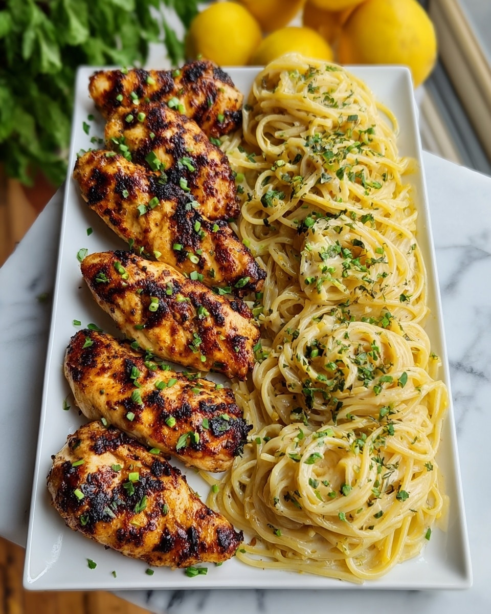 A rectangular white plate holds a dish of two main parts placed side by side: on the left, there are seven grilled chicken breasts lined up with a golden brown color and dark char marks, sprinkled with small green herb pieces; on the right, there is a generous serving of creamy spaghetti pasta with a light yellow color, coated in sauce, and also sprinkled with the same green herbs, showing a smooth and slightly glossy texture. The plate is set on a white marbled surface with some blurred bright yellow lemons and green leaves in the background. Photo taken with an iphone --ar 4:5 --v 7