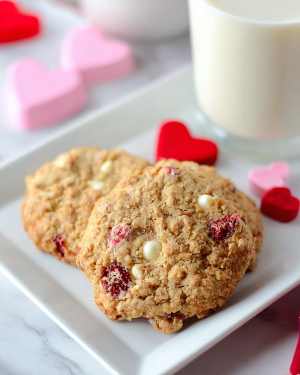The image shows two rough, round cookies with a light golden brown color and visible chunks of white and bright red berries, placed on a long white rectangular plate. Behind the plate, there is a clear glass half-filled with white milk. The background is a white marbled surface scattered with small red heart-shaped sprinkles and two small pink candy-like hearts. The scene is softly lit, focusing on the texture of the cookies and the smoothness of the milk. Photo taken with an iphone --ar 4:5 --v 7