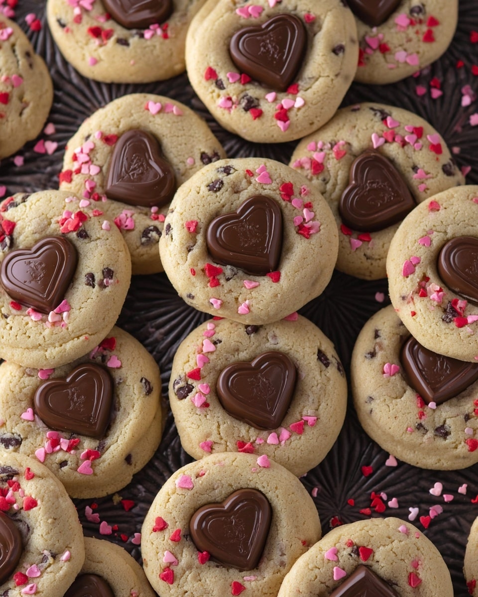 A close-up view shows many round cookies with a light golden color and small chocolate chips inside. Each cookie has a large, smooth heart-shaped milk chocolate piece pressed into the center, making a raised layer on top. Tiny red, pink, and white heart-shaped sprinkles are scattered across the cookie tops, adding bright spots of color. The cookies are placed closely together on a dark textured surface, creating a sense of abundance. photo taken with an iphone --ar 4:5 --v 7