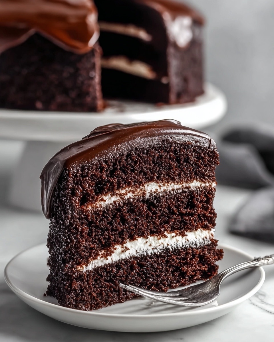 A slice of rich chocolate cake with three thick layers of dark, moist cake separated by two thin layers of creamy white frosting. The top of the slice is covered with a smooth, glossy layer of dark chocolate ganache that drapes slightly over the sides. The texture of the cake looks soft and slightly crumbly. The slice is placed on a simple white plate on a white marbled surface, with a fork resting beside it. In the background, there is a blurred view of the full cake on a white cake stand. Photo taken with an iphone --ar 4:5 --v 7