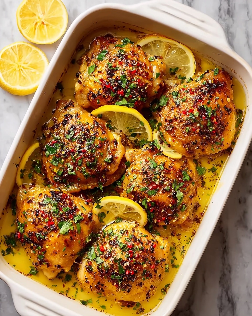This image shows a white baking dish filled with golden-brown roasted chicken thighs arranged in two layers, with six chicken pieces in total. The chicken skin looks crispy, with visible seasoning of coarse black pepper and red chili flakes, and sprinkled fresh chopped green herbs scattered evenly over the top. Thin yellow lemon slices are placed between and on top of the chicken pieces, partially soaking in a light yellow sauce that fills the dish bottom. The dish is set on a white marbled surface, and to the top left, several lemon wedges are partially visible. photo taken with an iphone --ar 4:5 --v 7