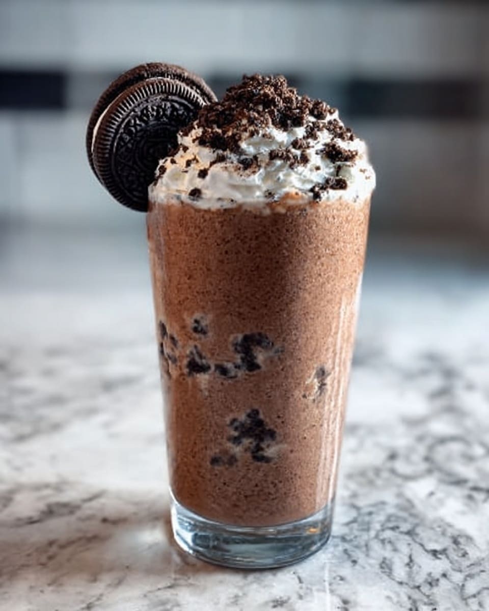 The image shows a tall clear glass filled with a thick, dark brown milkshake that has a creamy texture with small cookie bits mixed inside. On top, there is a layer of whipped cream, light and fluffy with a white color, generously covered with crushed dark chocolate cookie crumbs. Two whole chocolate sandwich cookies are placed upright on one side of the whipped cream, adding height and contrast. The glass is set on a white marbled surface. A woman's hand is gently holding the glass from one side. Photo taken with an iphone --ar 4:5 --v 7