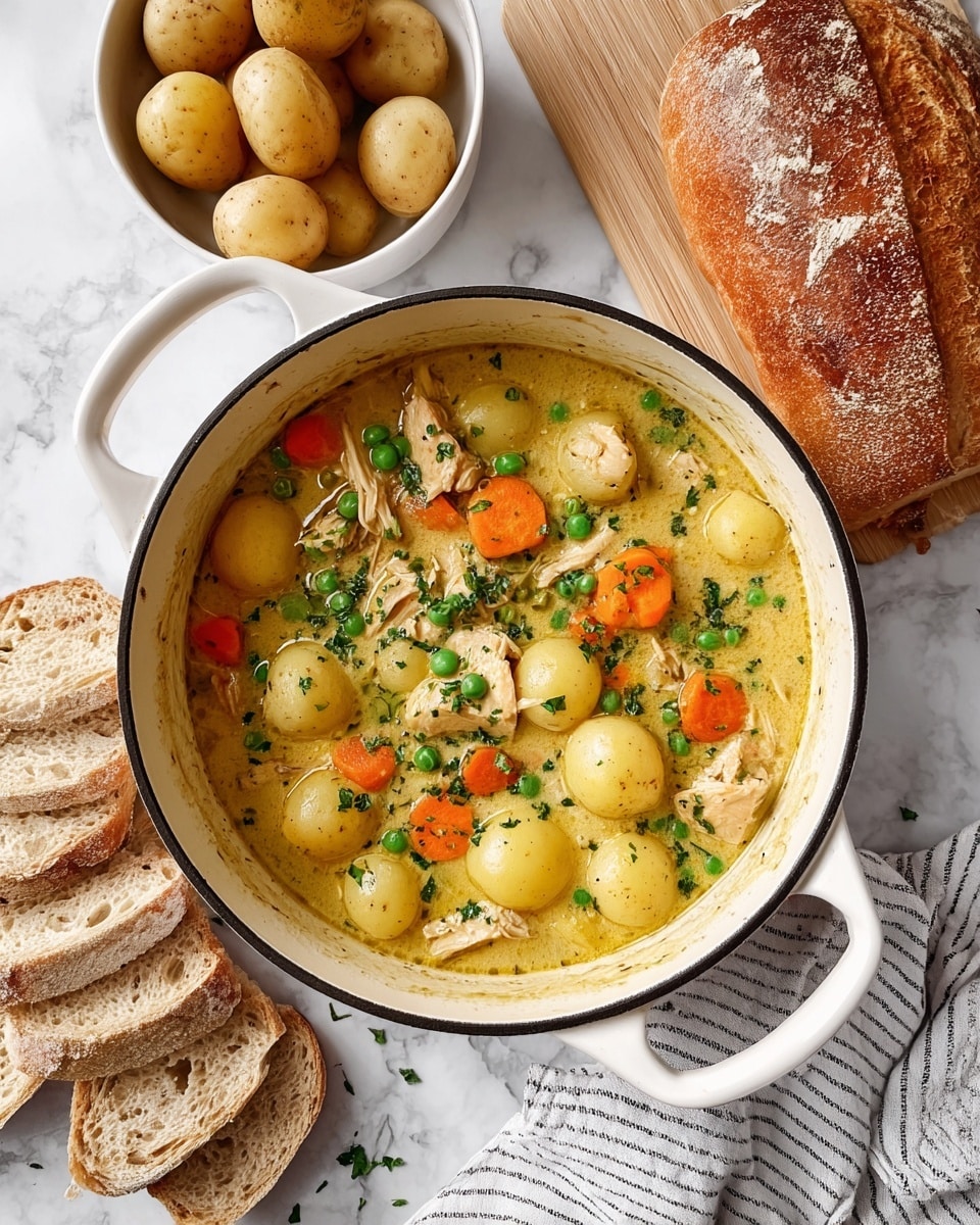 A white pot filled with a stew showing three main layers: the bottom layer is a light yellow broth, the middle layer has whole baby potatoes with smooth, light brown skin along with bright orange carrot slices and green peas scattered evenly, and the top layer contains chunks of cooked chicken garnished with finely chopped green herbs. The pot sits on a white marbled surface surrounded by a white bowl filled with baby potatoes on the left, a wooden board with a crusty loaf of bread above it, and several slices of bread placed near the pot, accompanied by a white cloth with black stripes on the right side. photo taken with an iphone --ar 4:5 --v 7