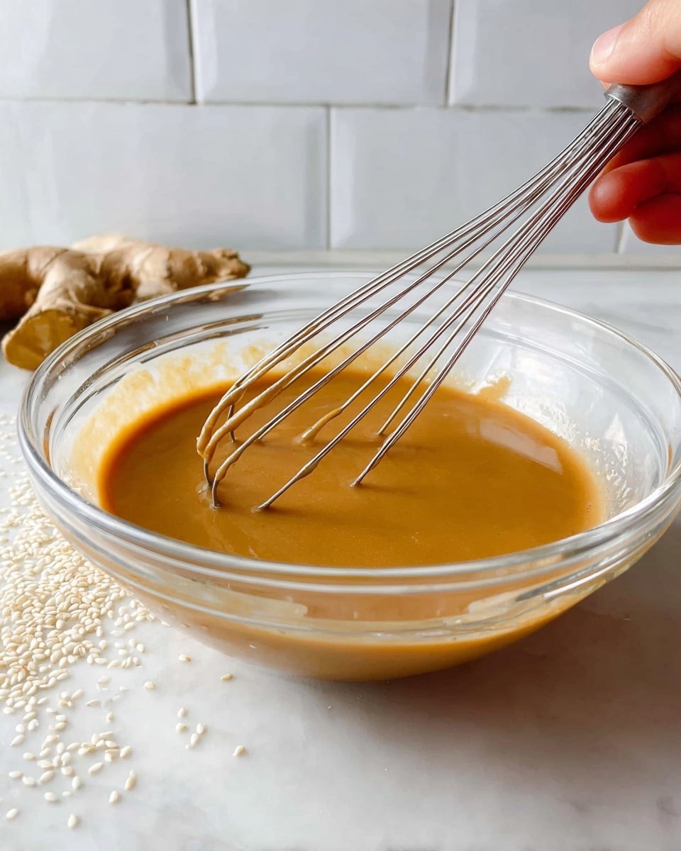 A clear glass bowl sits on a white marbled surface, filled with a smooth, thick sauce of medium brown color that appears glossy. A woman’s hand holds a metal whisk inside the bowl, partially lifted, showing thin wire loops. Around the bowl, there are a few white sesame seeds scattered and whole pieces of ginger in the background against a white marbled surface, with a tiled wall behind. The lighting is natural and bright, highlighting the sauce’s texture and the clear bowl’s edges. Photo taken with an iphone --ar 4:5 --v 7