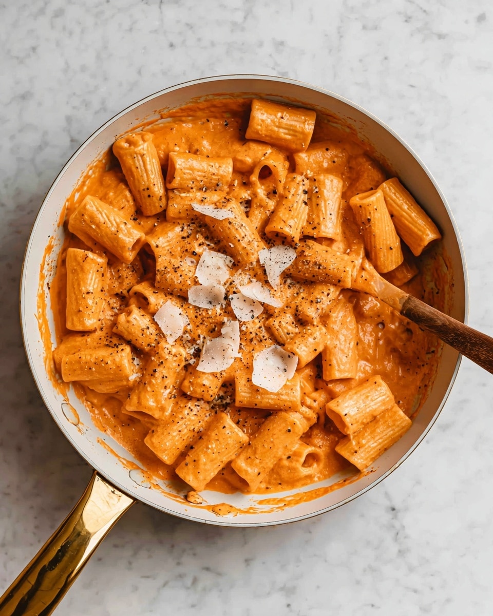 A white pan filled with rigatoni pasta covered in a thick, creamy orange sauce, with the sauce slightly splattered on the sides of the pan. The rigatoni pieces are tubular with grooved texture, coated evenly with the sauce. On top, there are small green basil leaves scattered around along with grated white cheese and some black pepper sprinkled over the pasta, adding a contrast in colors. The pan has a gold handle, and the whole scene is set on a white marbled surface with a beige cloth napkin nearby. photo taken with an iphone --ar 4:5 --v 7