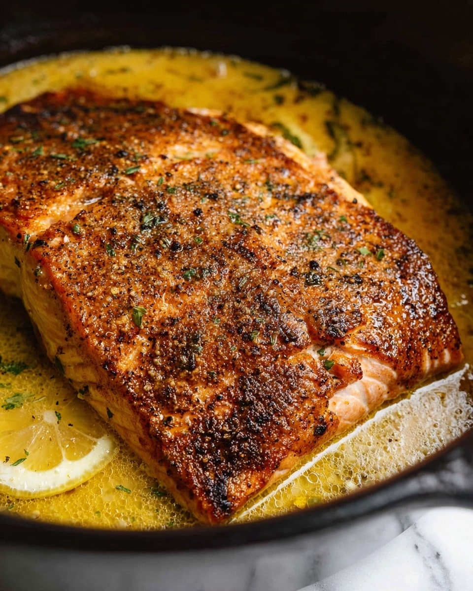 A large, thick salmon fillet with a crispy, brown, and slightly charred top layer covered in specks of black pepper and herbs sits in a black cooking pan. The bottom layer is a golden-yellow butter sauce with visible lemon slices submerged in it, adding a bright touch. The texture of the fish looks moist and flaky, resting in the rich sauce that covers the base of the pan. The black pan contrasts with the light salmon, highlighting the well-cooked surface, and the pan is placed on a white marbled texture. photo taken with an iphone --ar 4:5 --v 7