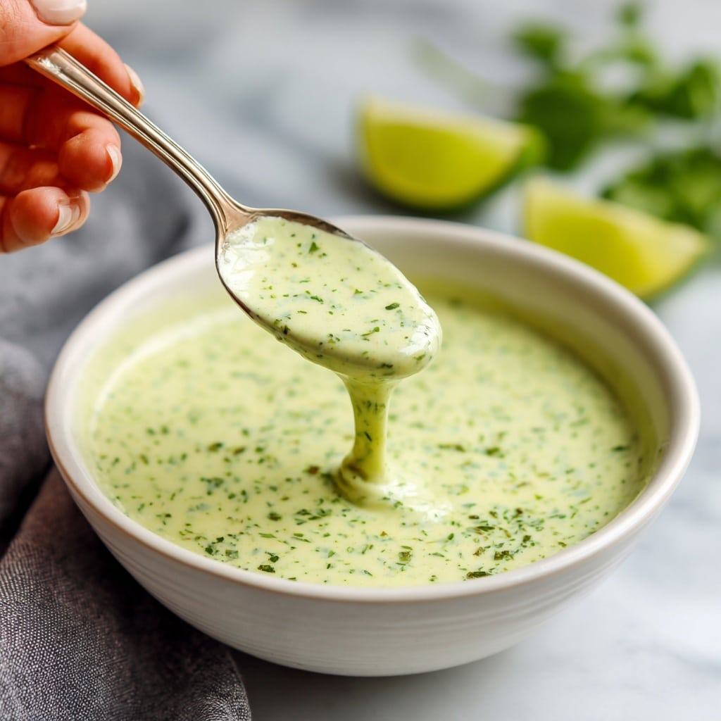 A close-up view of a bowl filled with a creamy light green sauce, speckled with small green herbs, creating a smooth, slightly textured surface that is almost level with the rim. A spoon dipped in the sauce, held above the bowl by a woman's hand, shows the thick and rich texture of the sauce clinging to it. The bowl is white and rests on a white marbled surface, with a gray cloth to the side and a sliced lime and green herbs blurred in the background. photo taken with an iphone --ar 4:5 --v 7