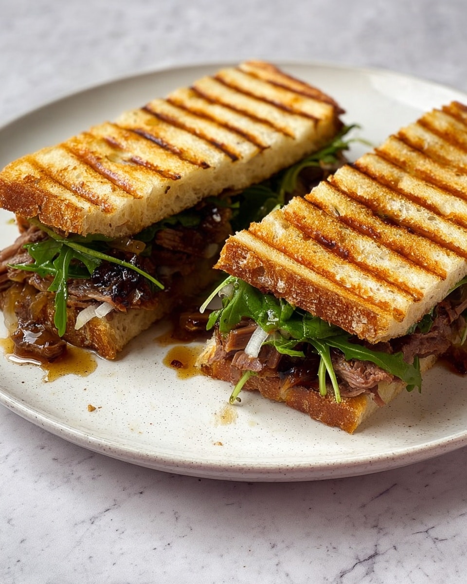 A sandwich cut in half on a white plate shows multiple layers. The top layer is two pieces of grilled bread with dark grill marks and a light golden color. Below the bread is a layer of green leafy vegetables, topped with caramelized onions in a brownish hue. Underneath the onions is a thick, medium-rare steak sliced to reveal a pink center with a browned outer edge. At the bottom is a creamy spread with herbs, sitting on the base bread with a light toasted color. The background is a white marbled texture with a lit candle and a white ceramic pumpkin slightly blurred. Photo taken with an iphone --ar 4:5 --v 7