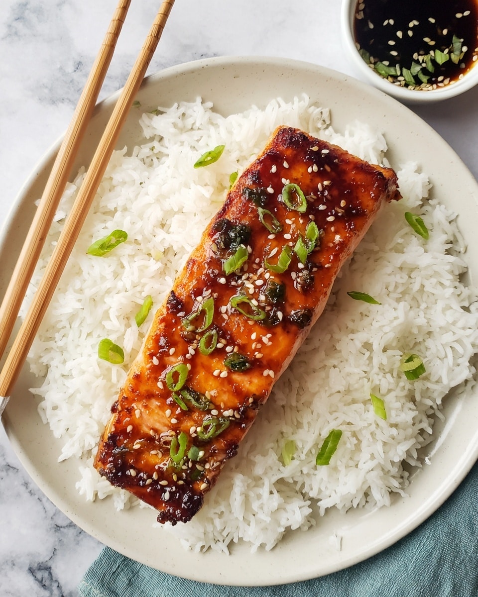 A white plate holds a bed of fluffy white rice with some small green onion pieces mixed in, covering the bottom layer. On top sits a thick, grilled salmon fillet glazed with a shiny, golden-brown sauce, speckled with small bits of white sesame seeds and chopped green onions, showing a slightly charred texture around the edges. To the top right, there is a white cup filled with dark soy sauce garnished with small green onion pieces. A pair of wooden chopsticks rests diagonally on the plate over a white marbled surface. photo taken with an iphone --ar 4:5 --v 7