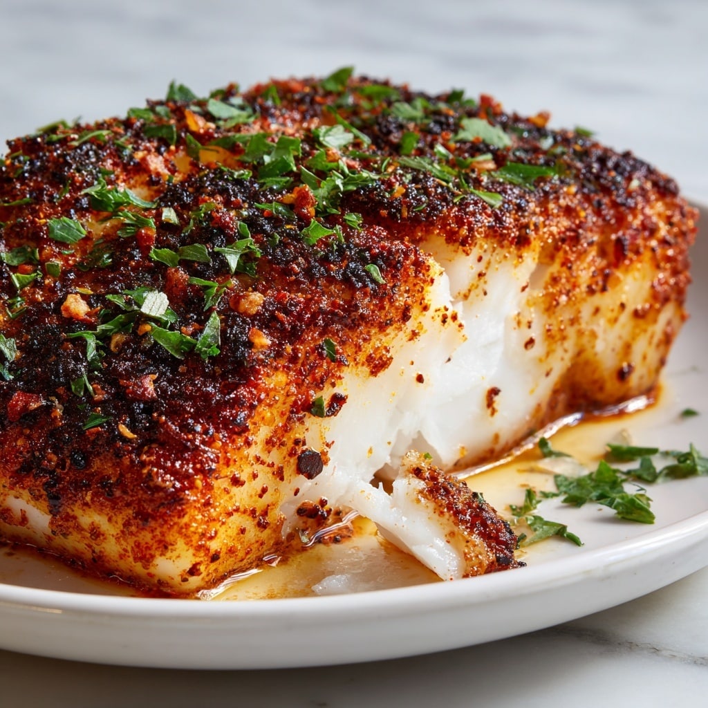 A close-up view of a cooked fish fillet on a white plate, showing a thick layer of reddish-brown seasoning and herbs on top that give a crispy texture, with some blackened bits for a grilled effect; the inside of the fish is white and flaky, visible where a small piece has been pulled away near the front left side of the fillet, showing a tender and moist inside contrast to the crunchy outside; the plate sits on a white marbled textured surface with no other items visible. Photo taken with an iphone --ar 4:5 --v 7