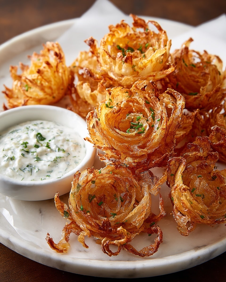 The image shows a white plate filled with golden-brown, crispy fried onion flowers arranged in a stacked layer, each shaped like a delicate rose with thin, curled strands forming the petals and sprinkled with small green herb bits. On the left side of the plate, there is a small white bowl holding a creamy white sauce with visible green herb pieces mixed in. A white paper liner is placed under the onion flowers inside the plate, and the whole setup sits on a surface with a white marbled texture. The photo is taken close-up, highlighting the crunchy texture and detailed layers of the onion flowers. photo taken with an iphone --ar 4:5 --v 7