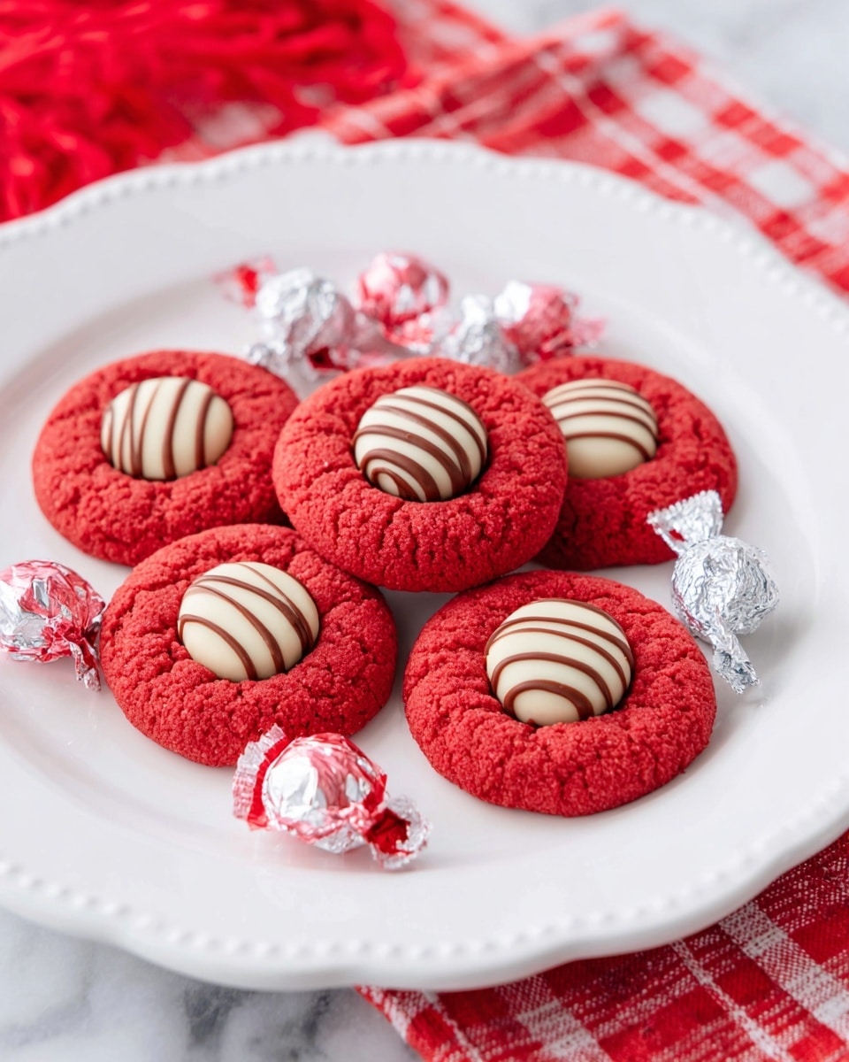 A white plate holds eight bright red cookies arranged in a loose group, each topped in the center with a white and milk chocolate striped kiss candy. The cookies have a cracked texture, showing a soft but crumbly surface, and the kiss candies have a smooth, glossy finish with a pointed top. Three silver and red foil-wrapped kiss candies are placed among the cookies, adding shiny highlights to the scene. The plate sits on a red and white checkered cloth, all set against a white marbled textured background. photo taken with an iphone --ar 4:5 --v 7